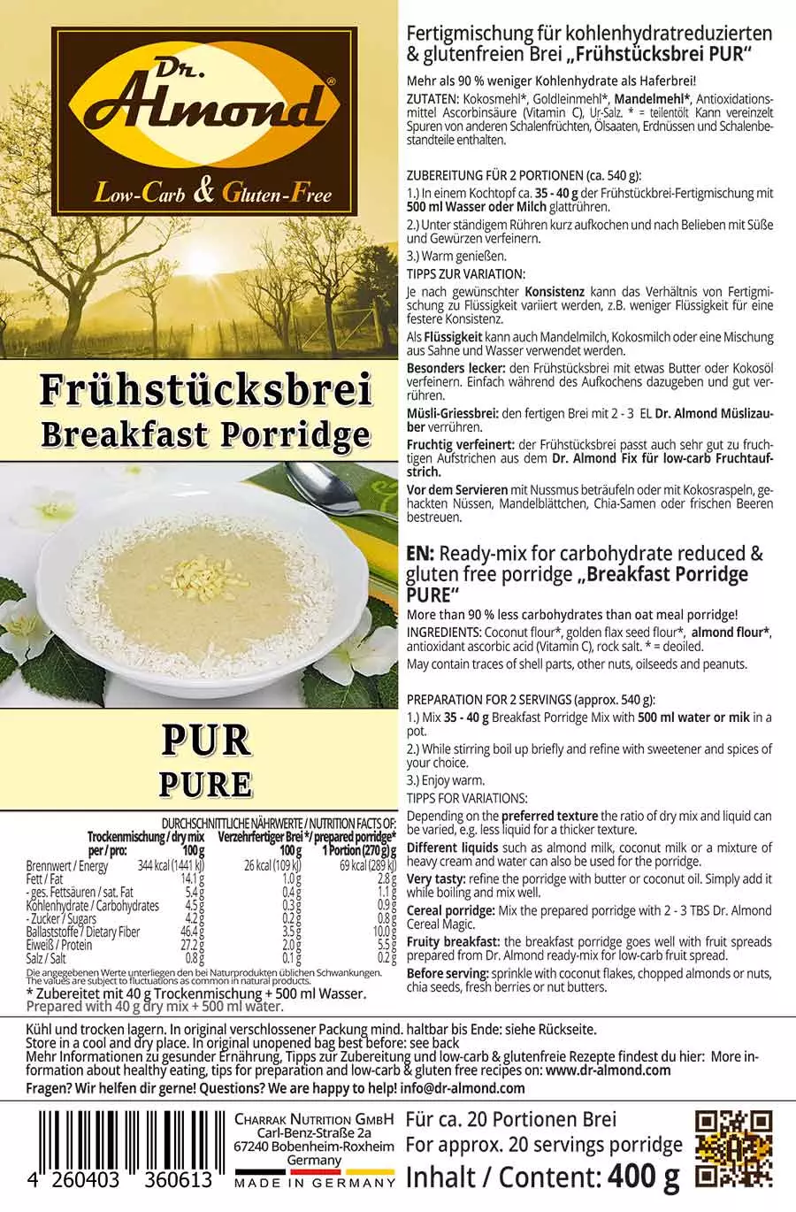 Breakfast porridge low carb glutenfree vegan PUR 400 g