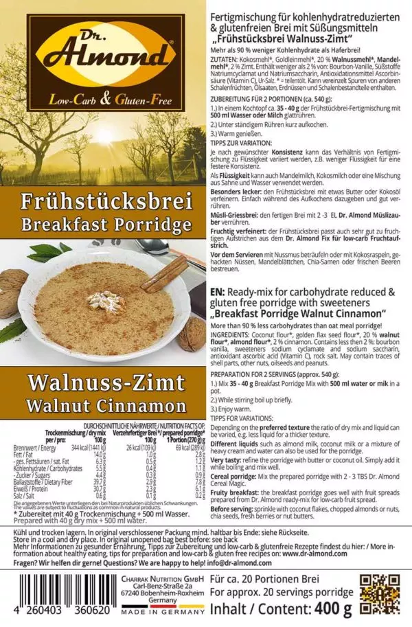 Breakfast porridge low carb glutenfree vegan WALNUT CINNAMON 400 g